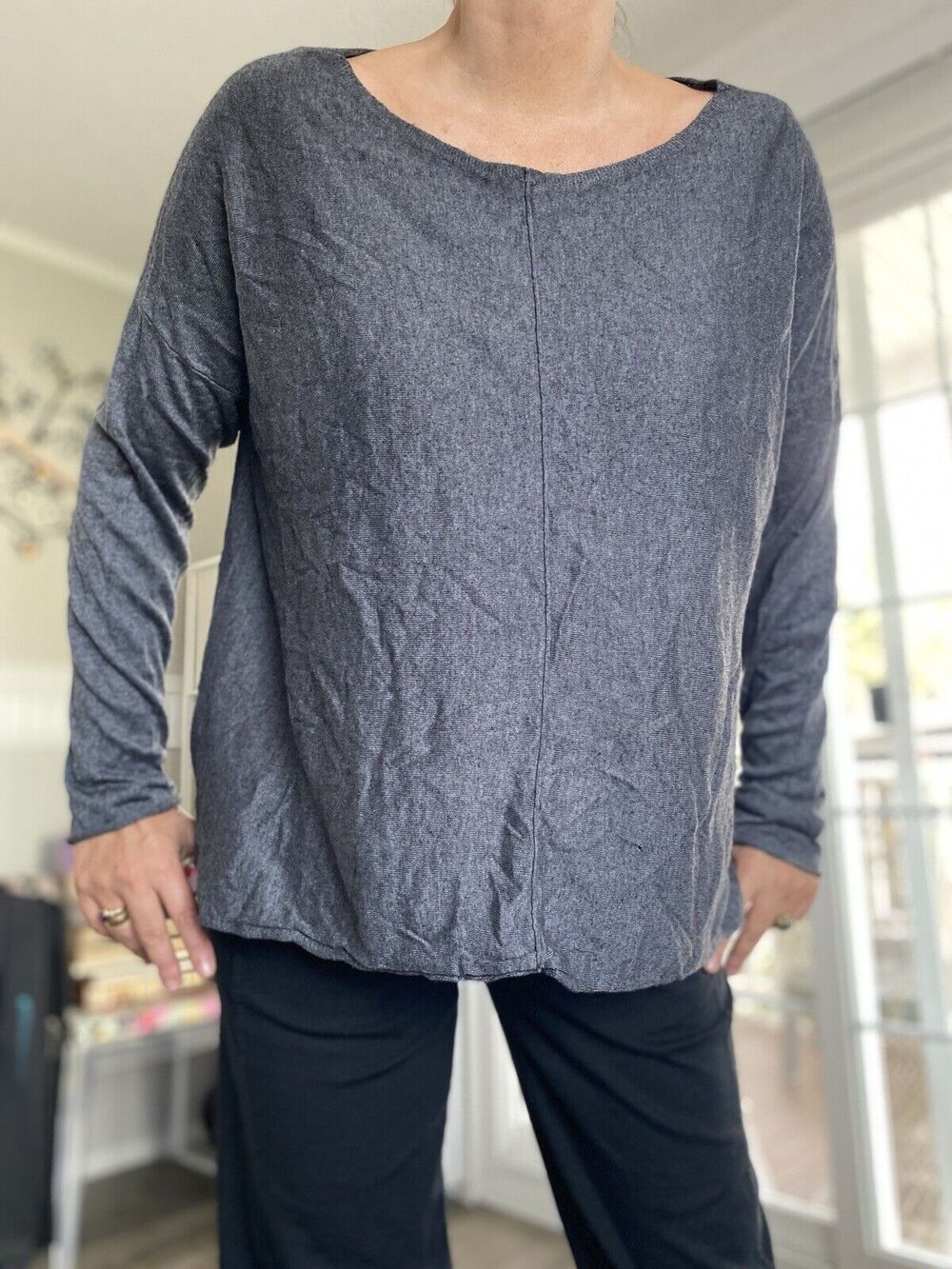 EILEEN FISHER Organic Natural Tencel Cotton Blend High-Low Top L